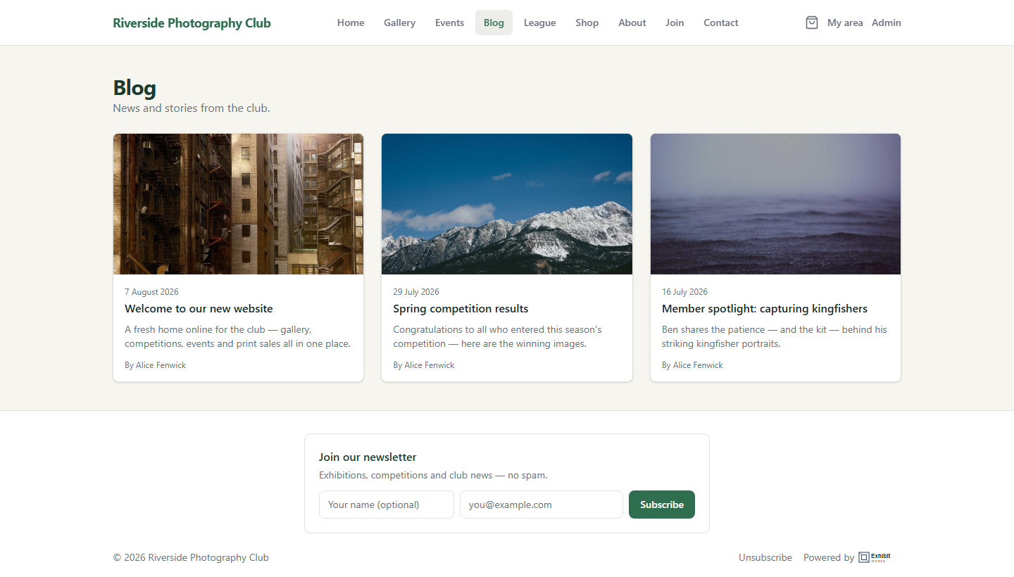 A club blog listing recent posts with cover images
