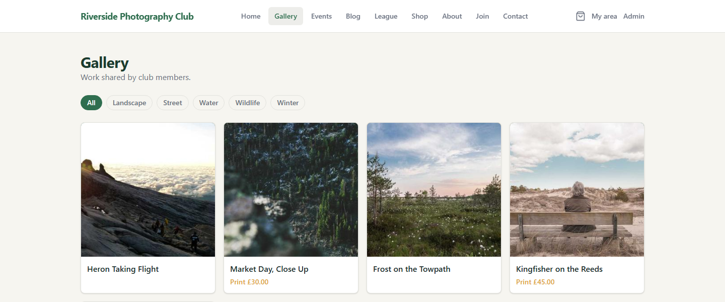 A club gallery page showing members’ photographs with tags and print prices