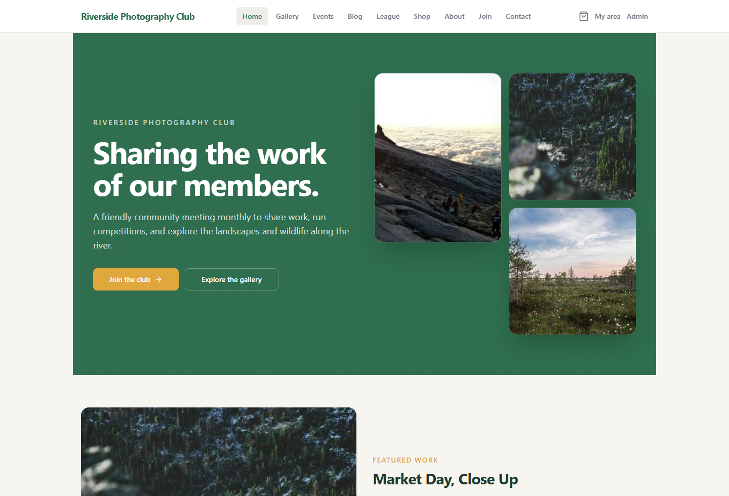 A club home page with a branded hero, featured photograph and upcoming events
